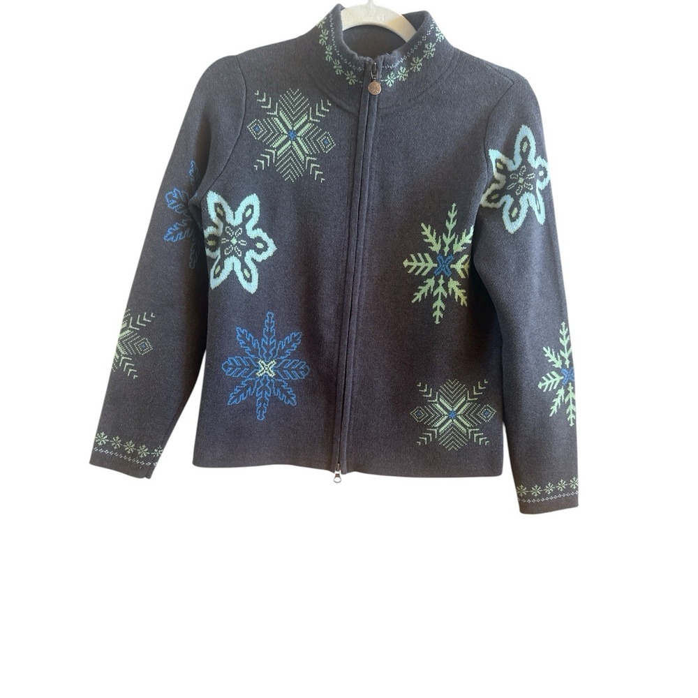 Eddie Bauer Retro Holiday Woman's Size Small Petite Grey Green Snowflake Sweater